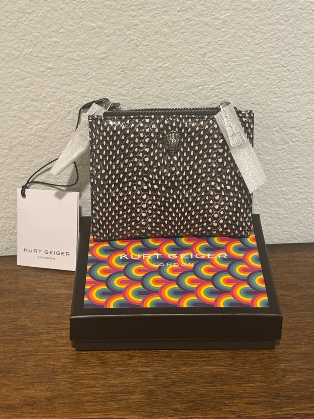 Kurt Geiger Black and Cream Zip Wallet with Gunmetal Hardware